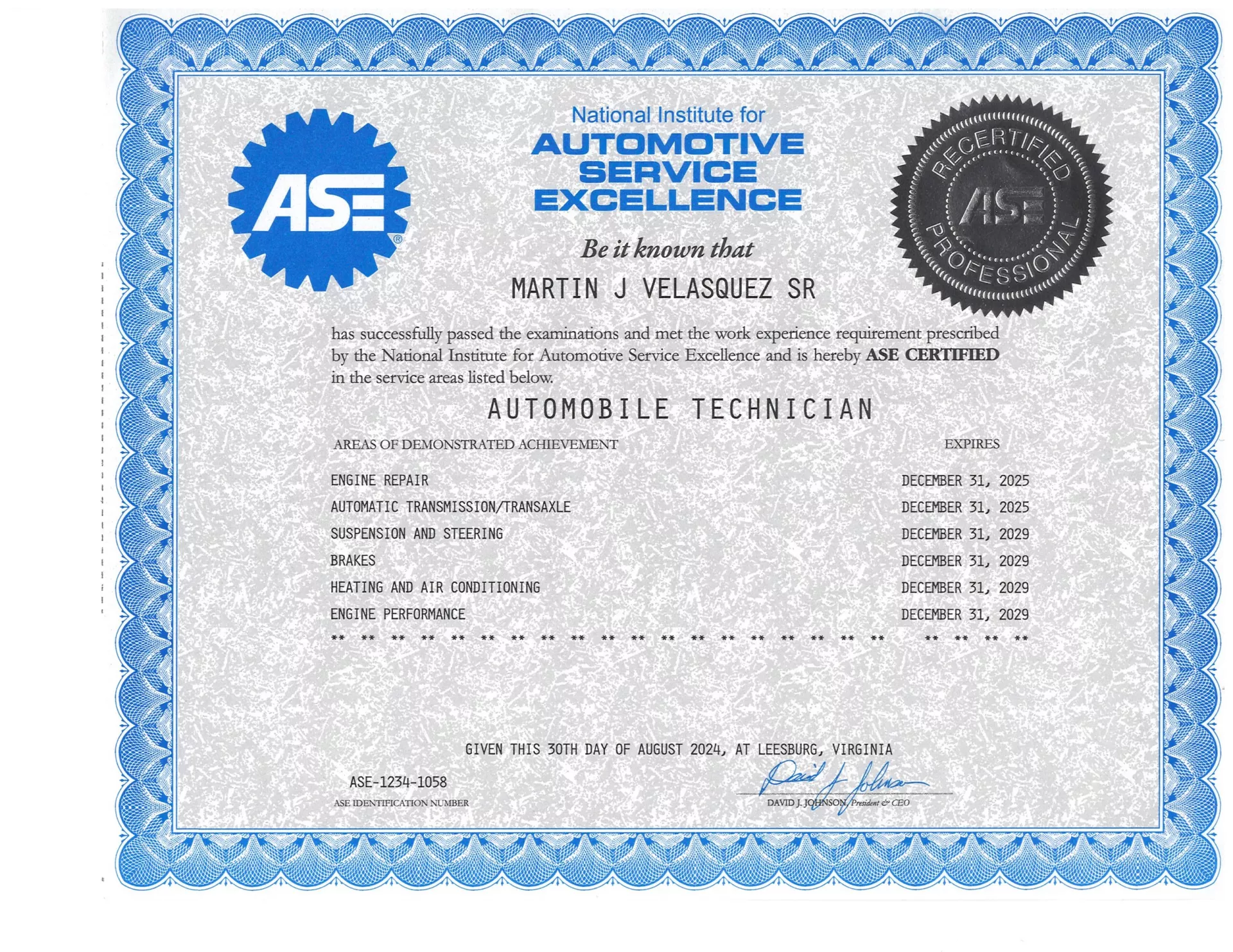 ASE certificate: Martin J. Velasquez Jr., certified Automobile Technician with various test dates listed - Bimmerfix