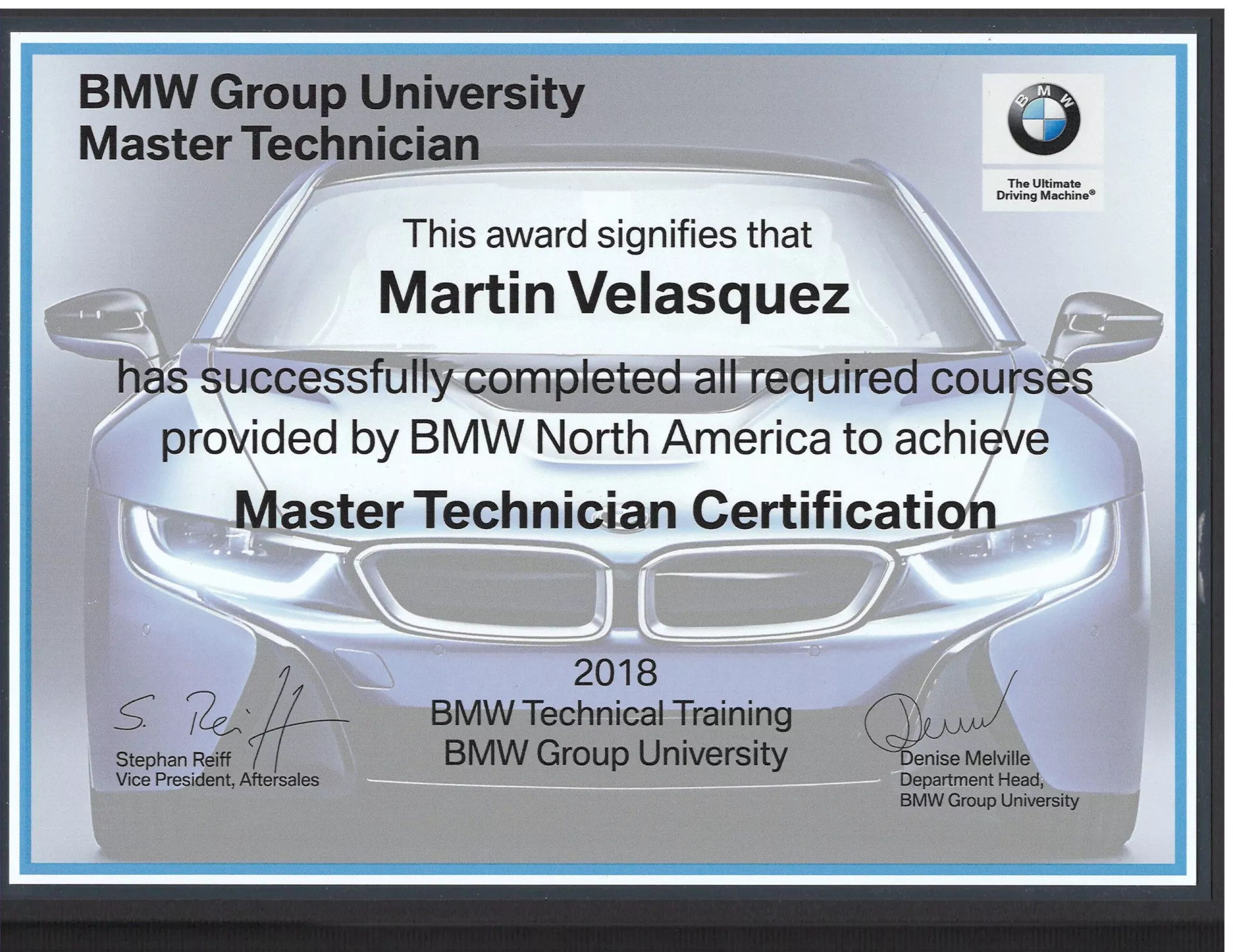 Certificate awarded to Martin Velasquez for achieving BMW Master Technician Certification from BMW Group University - Bimmerfix