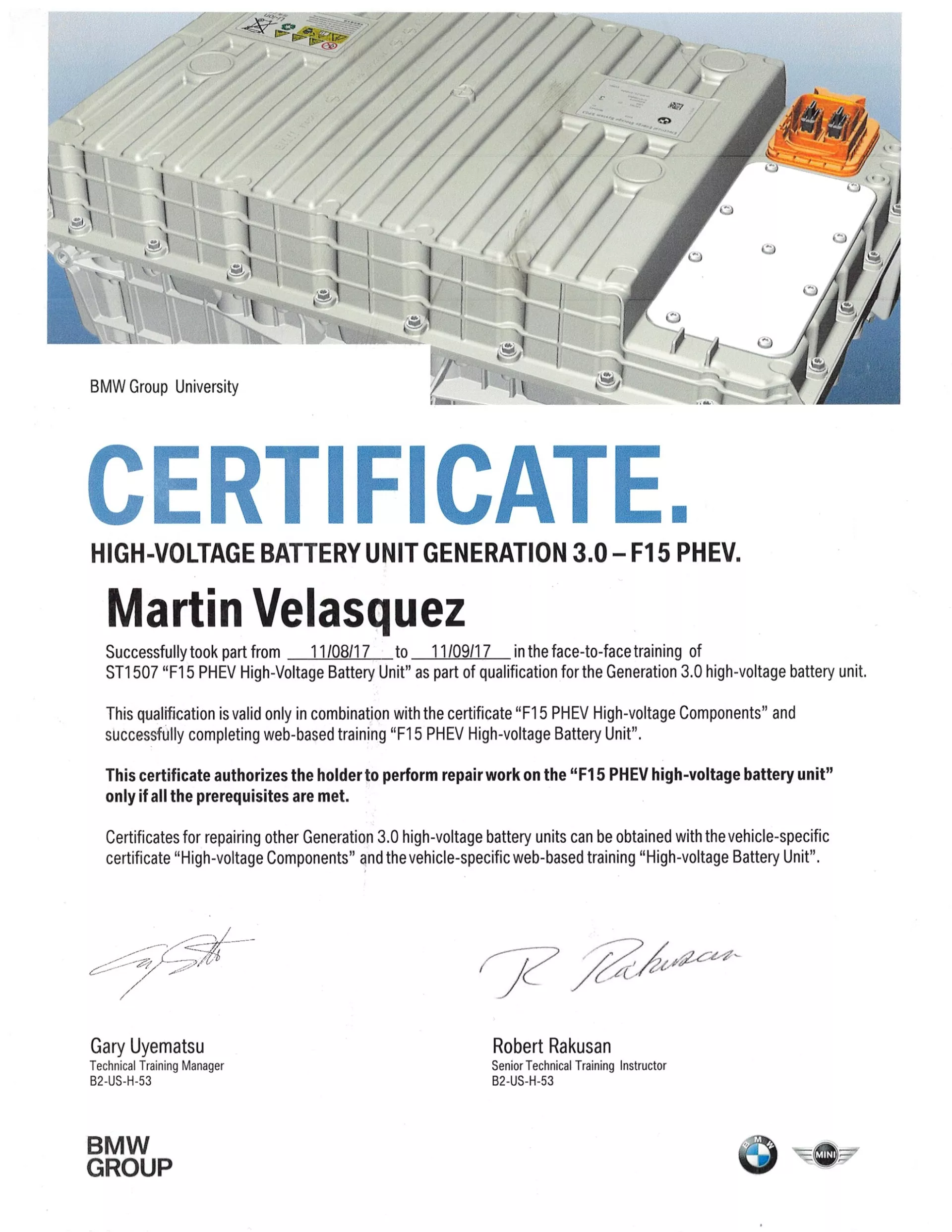 Certificate for a high-voltage battery unit, with a photo of the unit and signatures from BMW Group executives - Bimmerfix