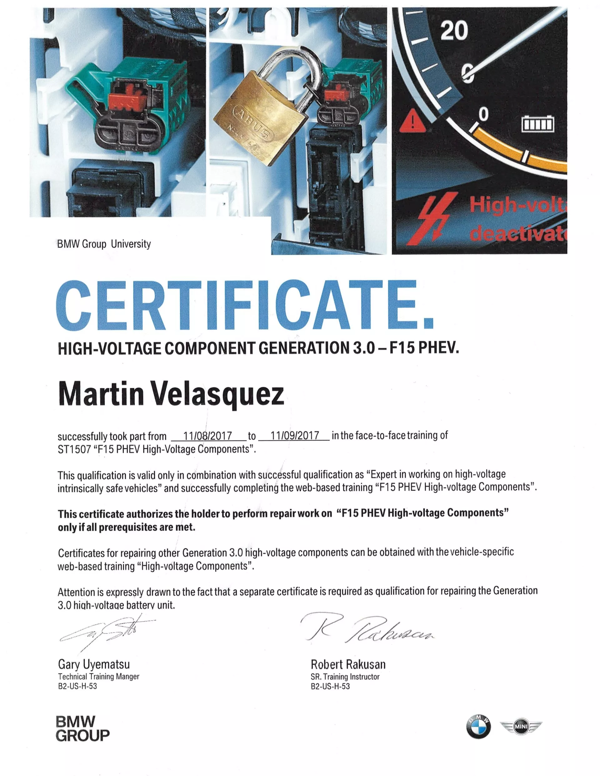 Certificate for Martin Velasquez, High-Voltage Component Generation 2.0-P10 REV. Includes BMW logo - Bimmerfix