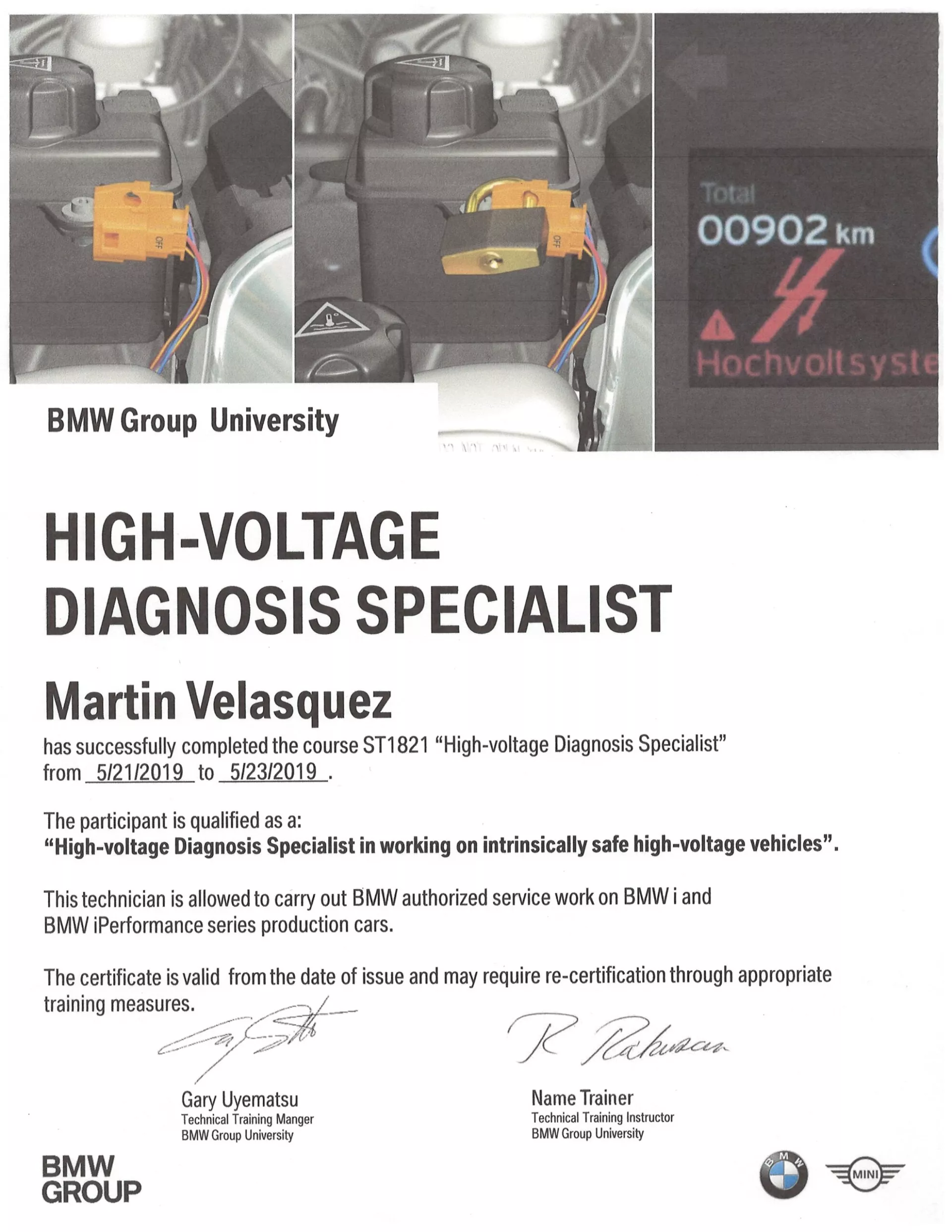 Certificate for Martin Velasquez, a High-Voltage Diagnosis Specialist, with BMW Group logo and car components - Bimmerfix