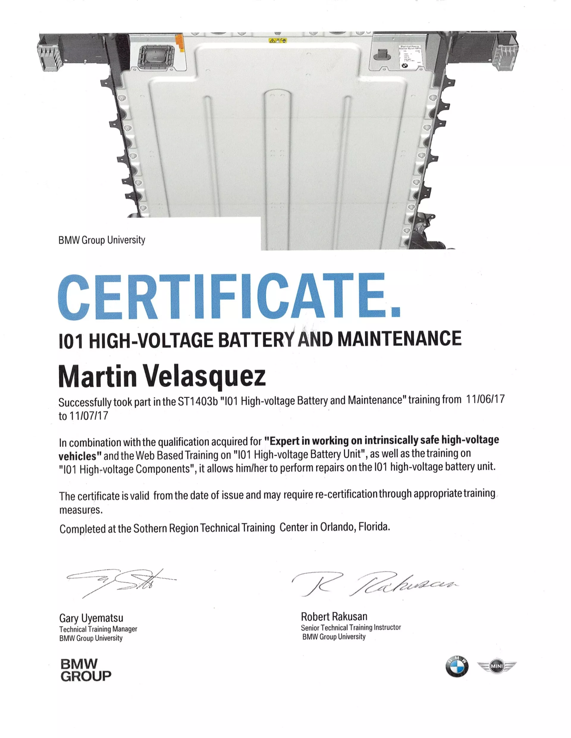 Certificate of Completion: Martin Velasquez, 101 High-Voltage Battery and Maintenance, BMW Group - Bimmerfix