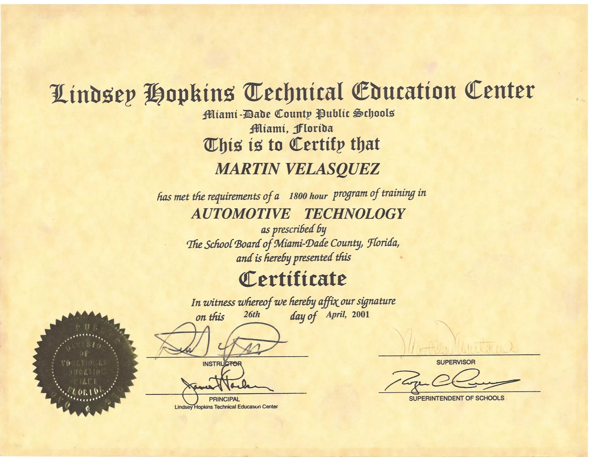 Certificate of Automotive Technology awarded to Martin Velasquez from Lindsey Hopkins Technical Education Center - Bimmerfix