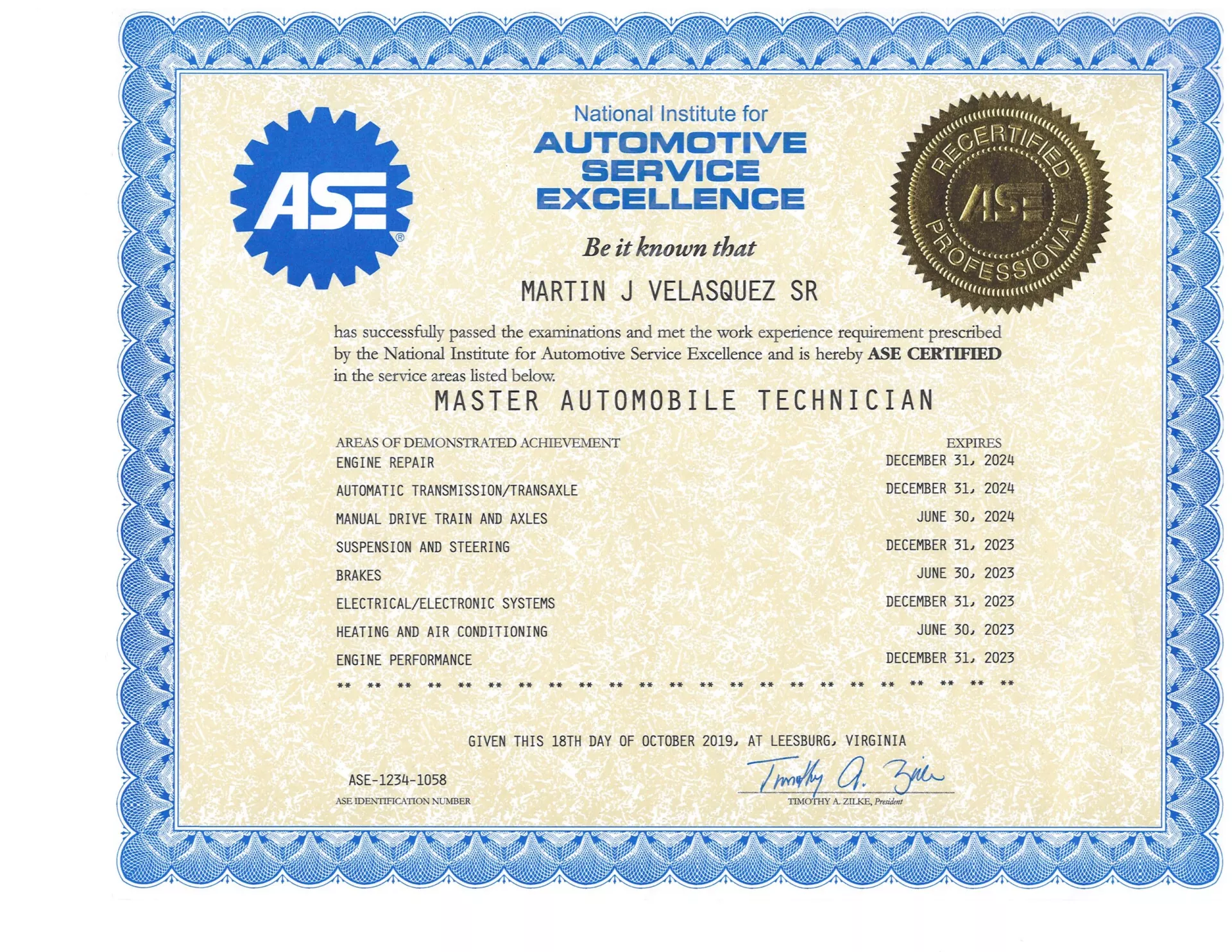 ASE Master Automobile Technician certificate, blue and gold, with Martin J. Velasquez Sr.'s name and test dates - Bimmerfix