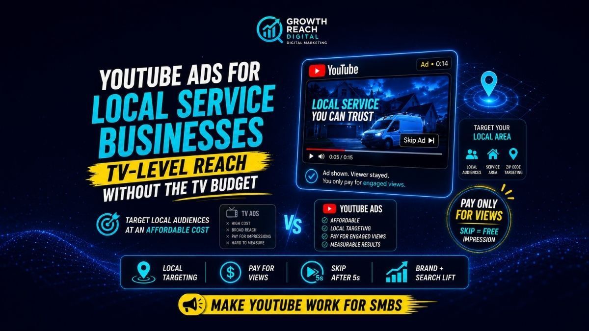 Growth Reach Digital blog graphic showing how YouTube ads help local service businesses reach target