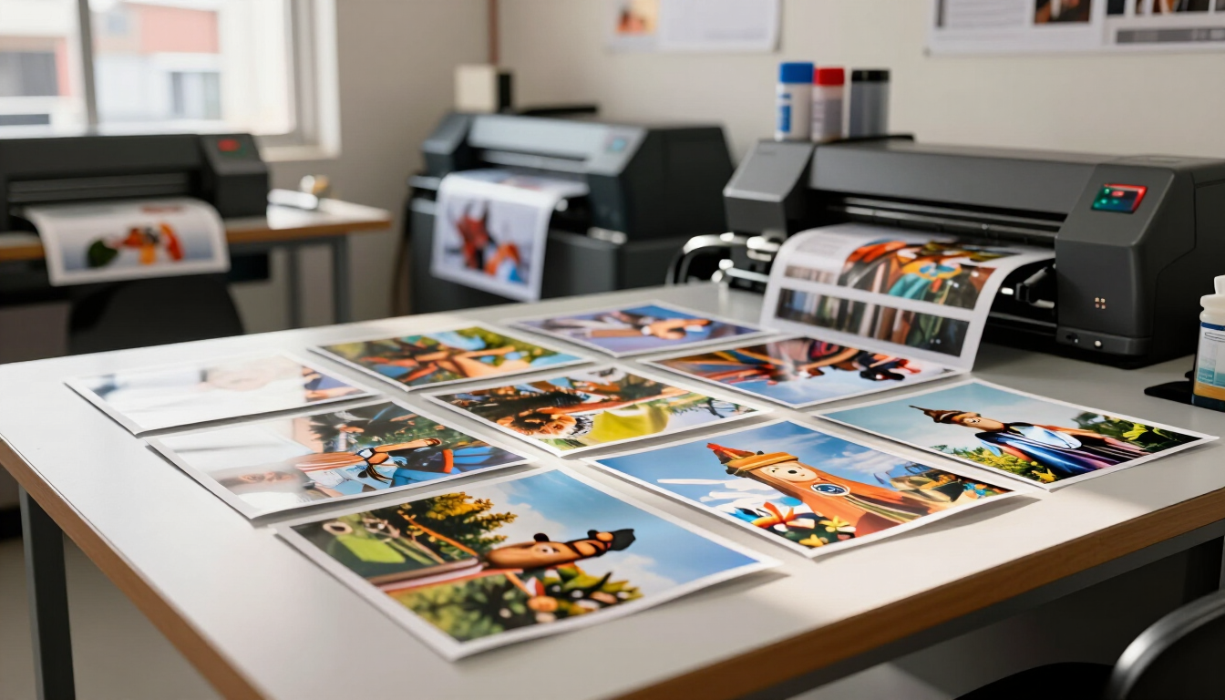 Mesa de una imprenta con impresiones fotográficas a todo color extendidas junto a grandes impresoras en un estudio.