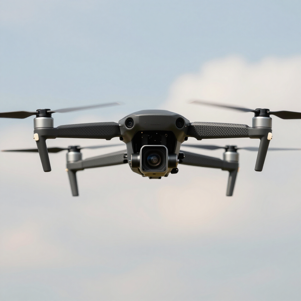 Dron cuadricóptero gris volando de frente contra un cielo nublado