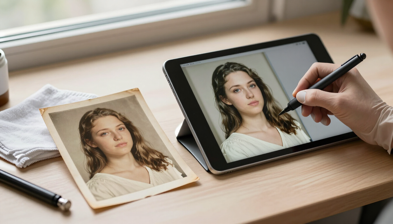 Tableta que muestra un retrato junto a una versión impresa, mientras una mano retoca la imagen con un lápiz óptico