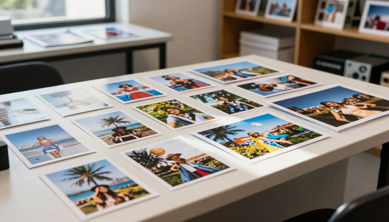 Fotos de viajes impresas sobre una mesa blanca en una oficina o estudio.