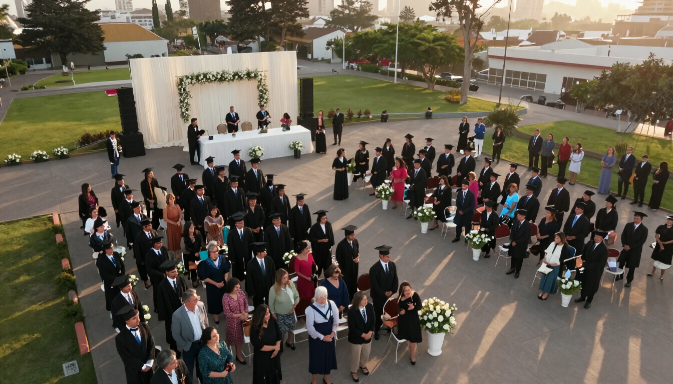 Ceremonia de boda al aire libre, con los invitados sentados alrededor de un escenario blanco al atardecer