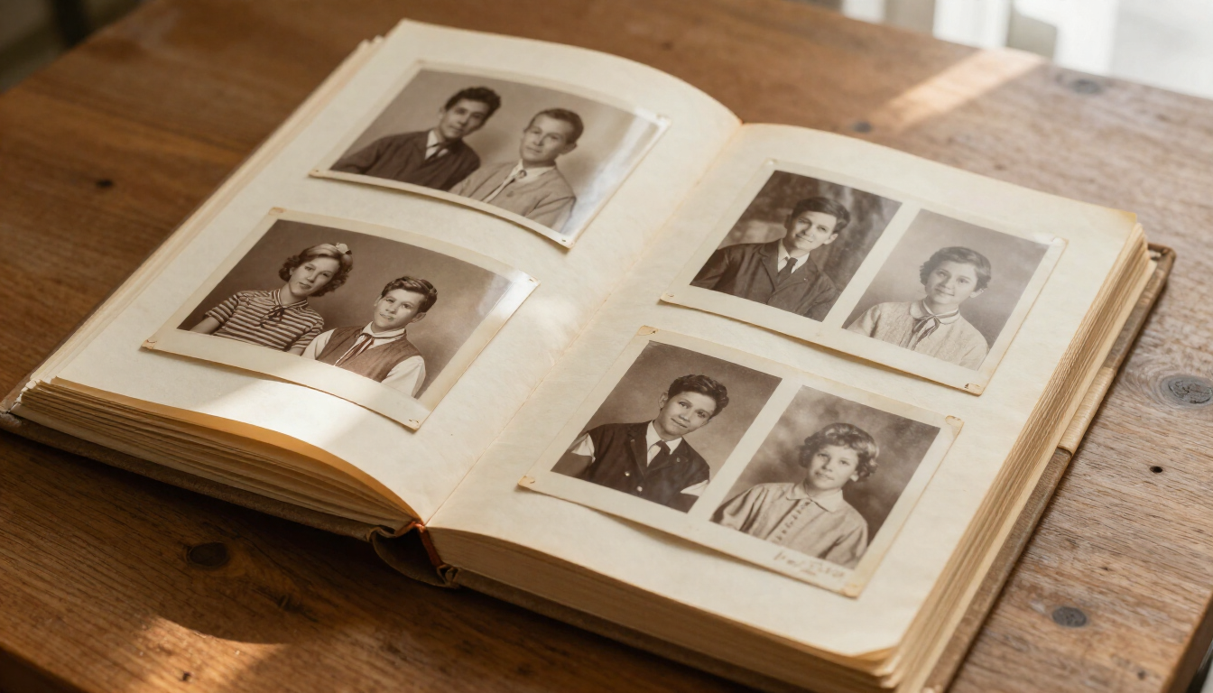 Álbum de fotos abierto con retratos antiguos en blanco y negro sobre una mesa de madera