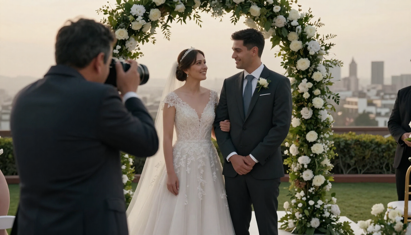 La novia y el novio posan bajo un arco floral mientras un fotógrafo les hace una foto en una boda al aire libre.