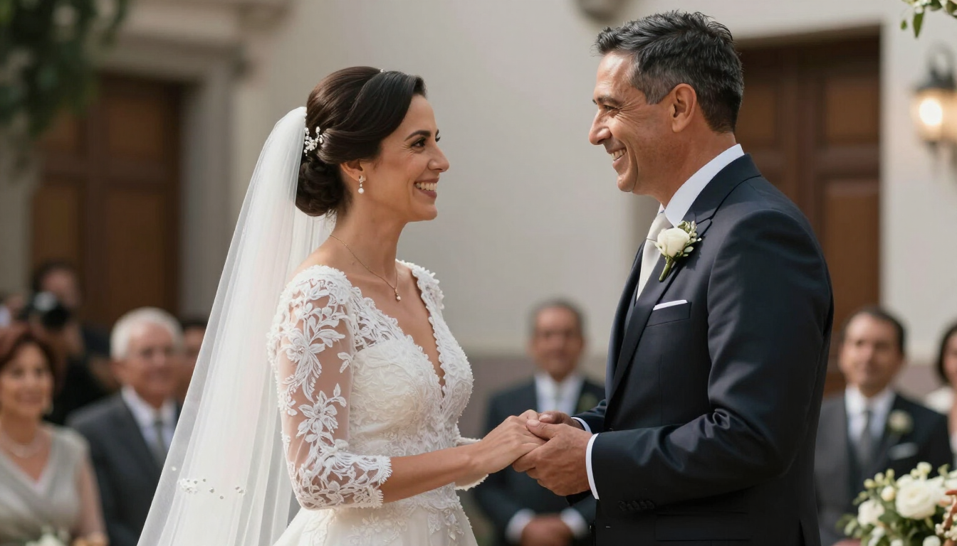 La novia y el novio se dan la mano y sonríen durante una ceremonia de boda en interiores