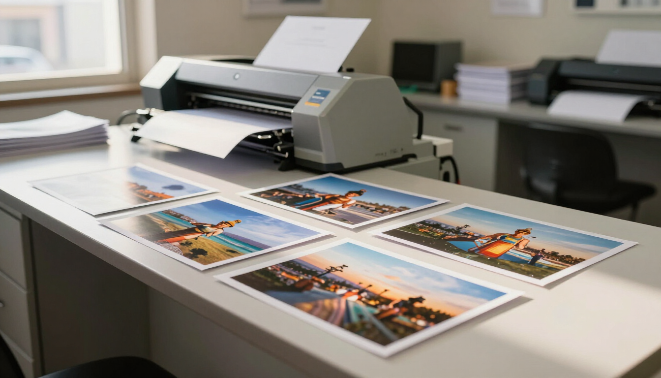Fotos impresas sobre un escritorio junto a una impresora de gran formato en una oficina luminosa.