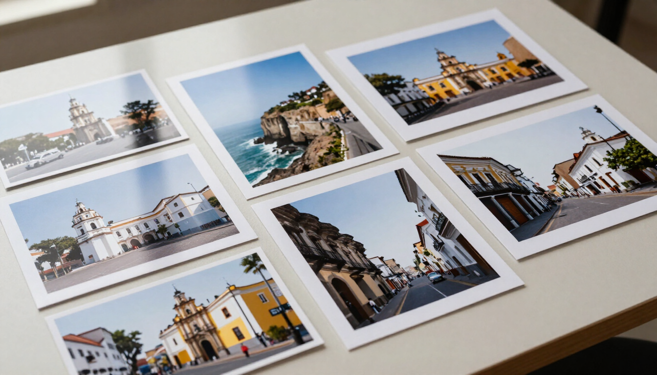 Postales de viaje de coloridos edificios y canales europeos dispuestas sobre una mesa.