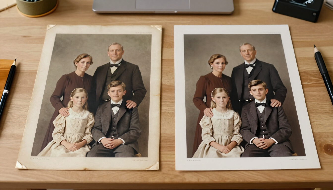 Dos retratos familiares enmarcados sobre una mesa de madera, uno descolorido y el otro restaurado en color