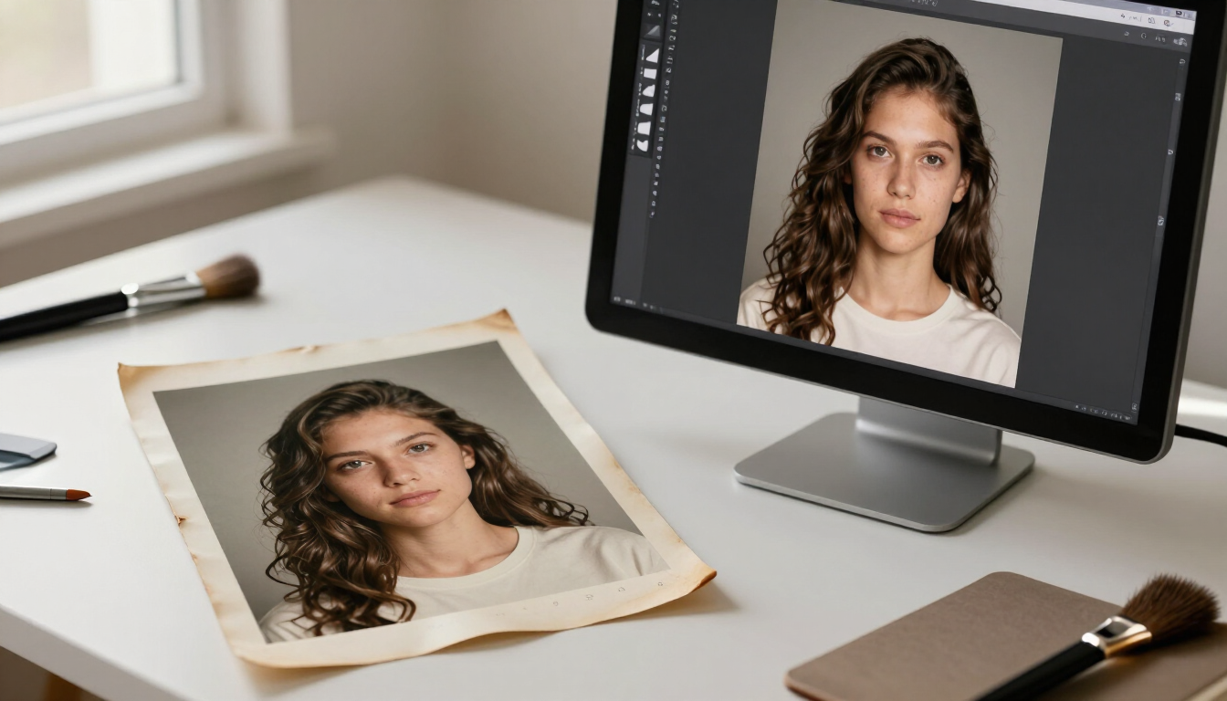 Espacio de edición fotográfica con una impresión de un retrato y el mismo retrato en un monitor sobre un escritorio