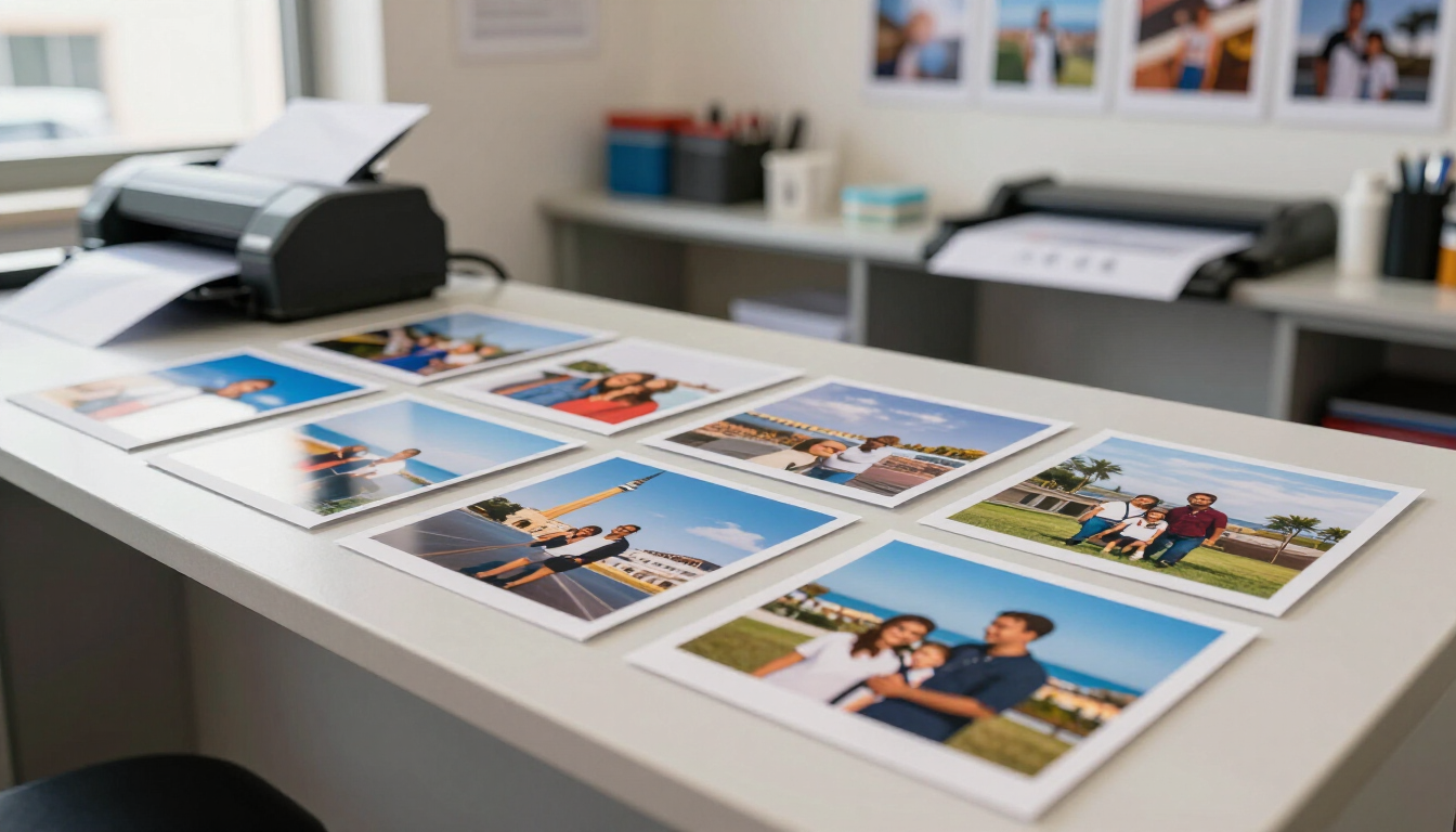 Fotos impresas extendidas sobre un escritorio junto a una impresora fotográfica en una oficina luminosa.