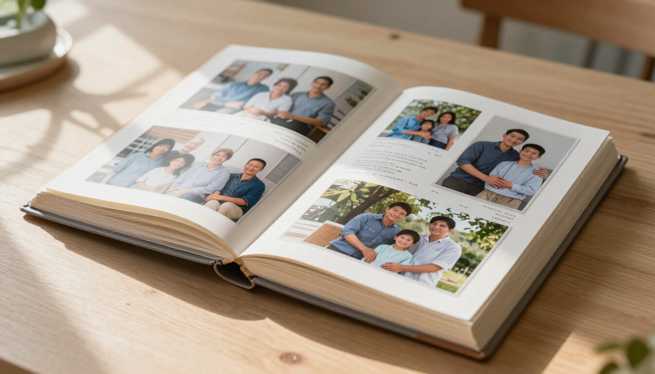 Álbum de fotos abierto sobre una mesa de madera, con fotos familiares en páginas con bordes blancos