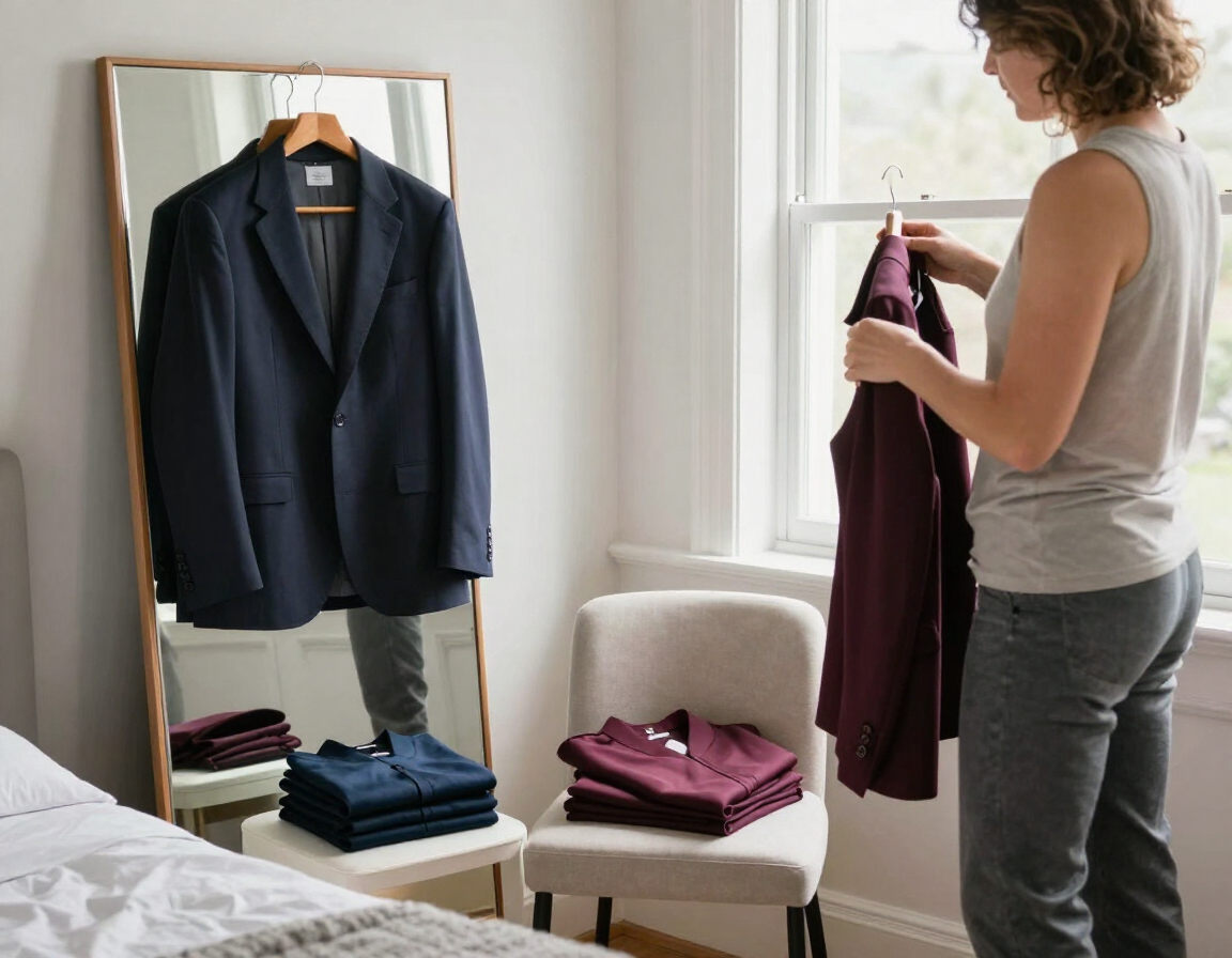 Mujer de pie en un dormitorio luminoso, eligiendo ropa junto a un armario abierto y una silla con prendas dobladas