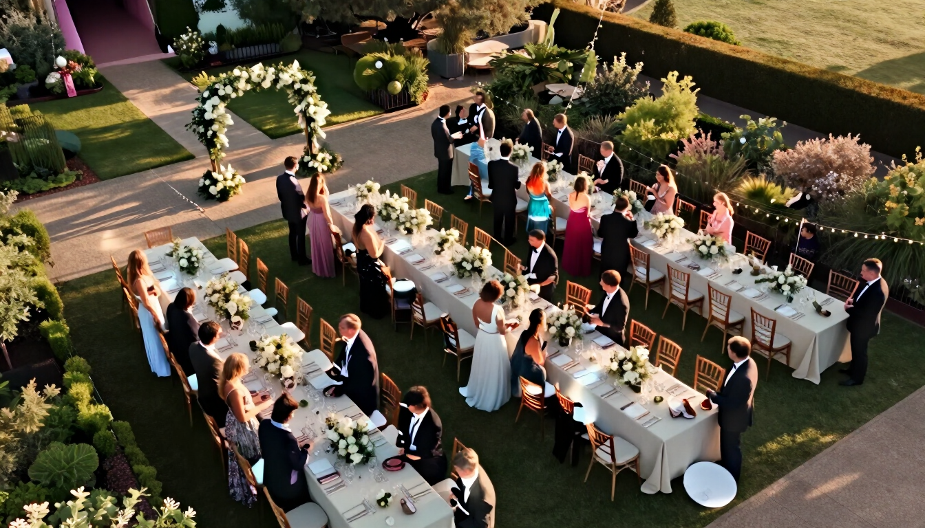 Recepción de boda al aire libre, con los invitados sentados en mesas largas y una pareja bailando en un patio al atardecer