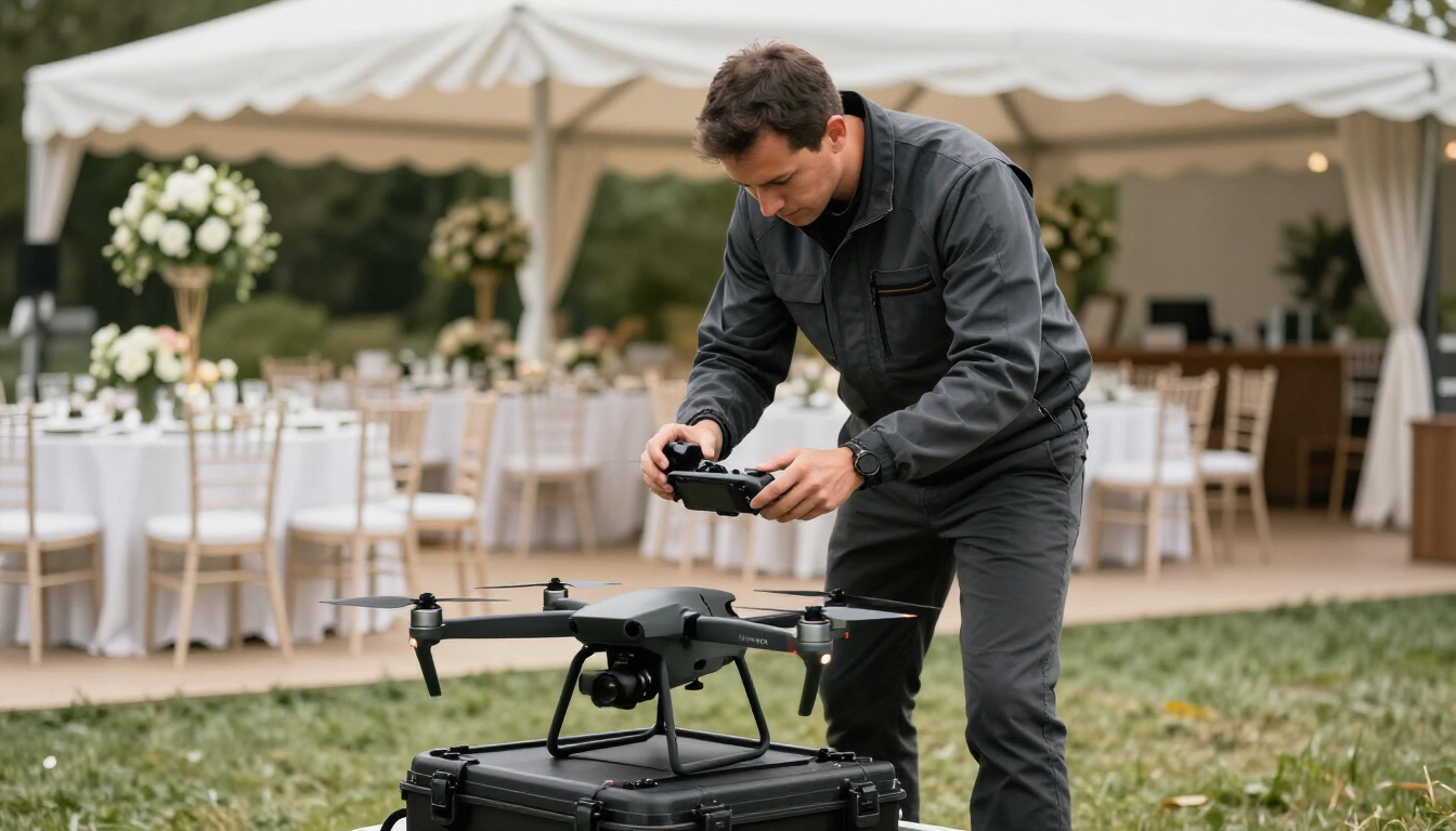 Hombre ajustando una cámara en un dron en un espacio al aire 