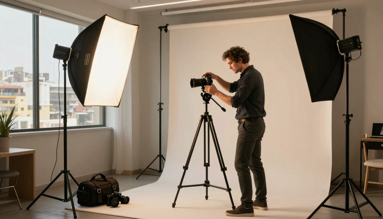 Fotógrafo ajustando una cámara en un trípode en un estudio con luces y un telón de fondo