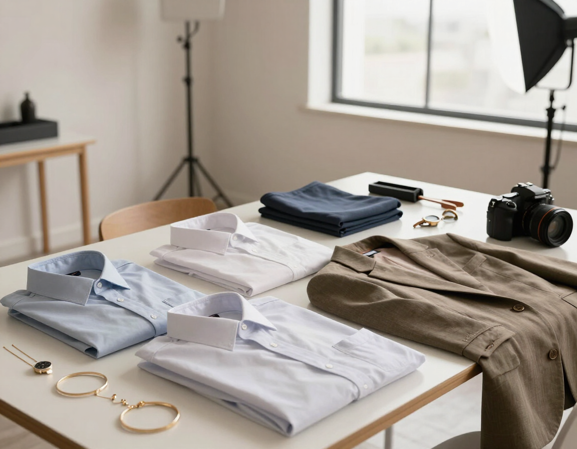 Composición cenital de camisas dobladas, pantalones caqui