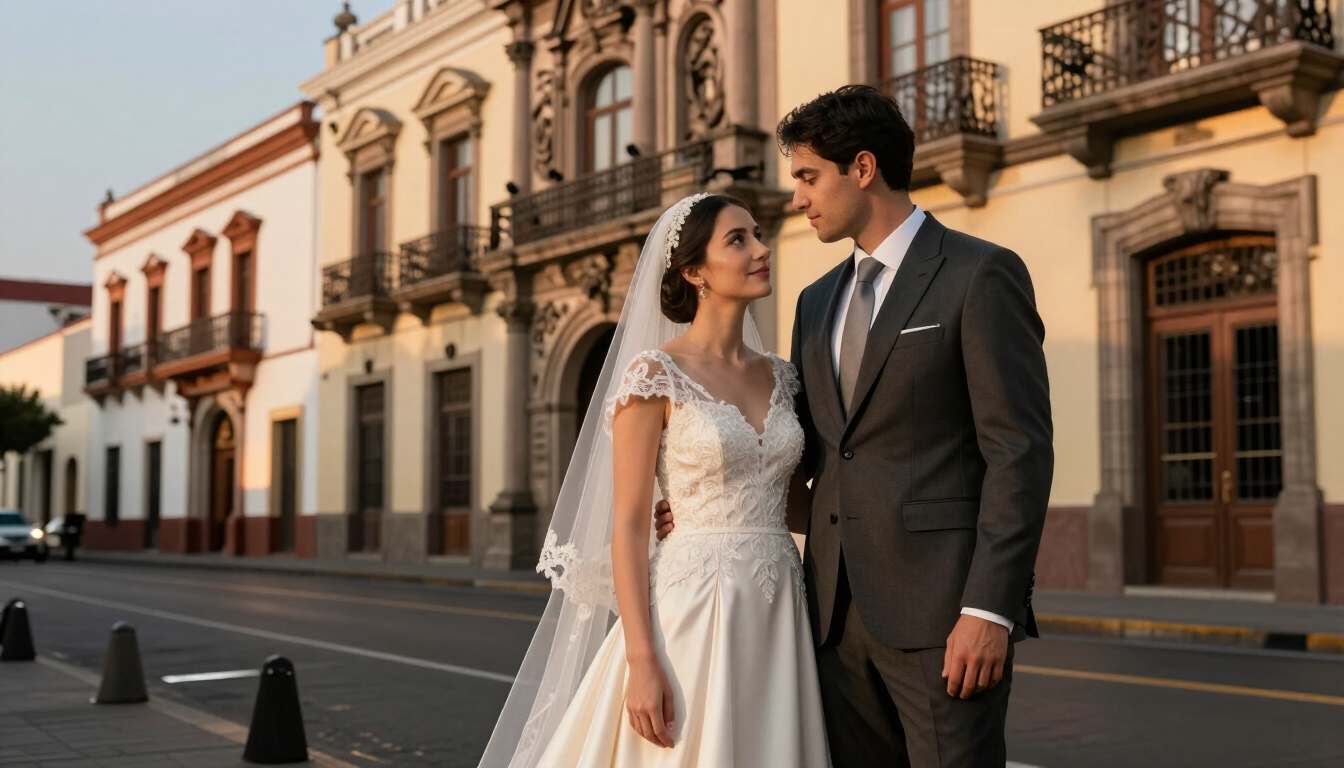 La novia y el novio, vestidos de boda, de pie en una calle histórica