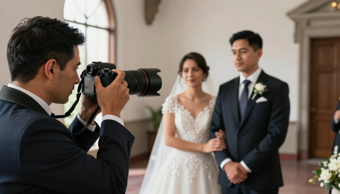 Fotógrafo captando a los novios durante una ceremonia de boda en interiores