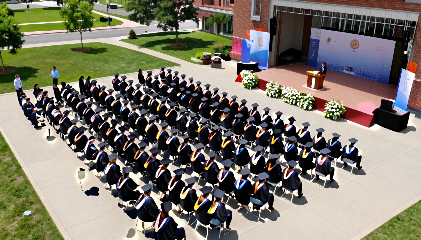 Ceremonia de graduación con el público sentado frente a un escenario al aire libre, en el césped del campus