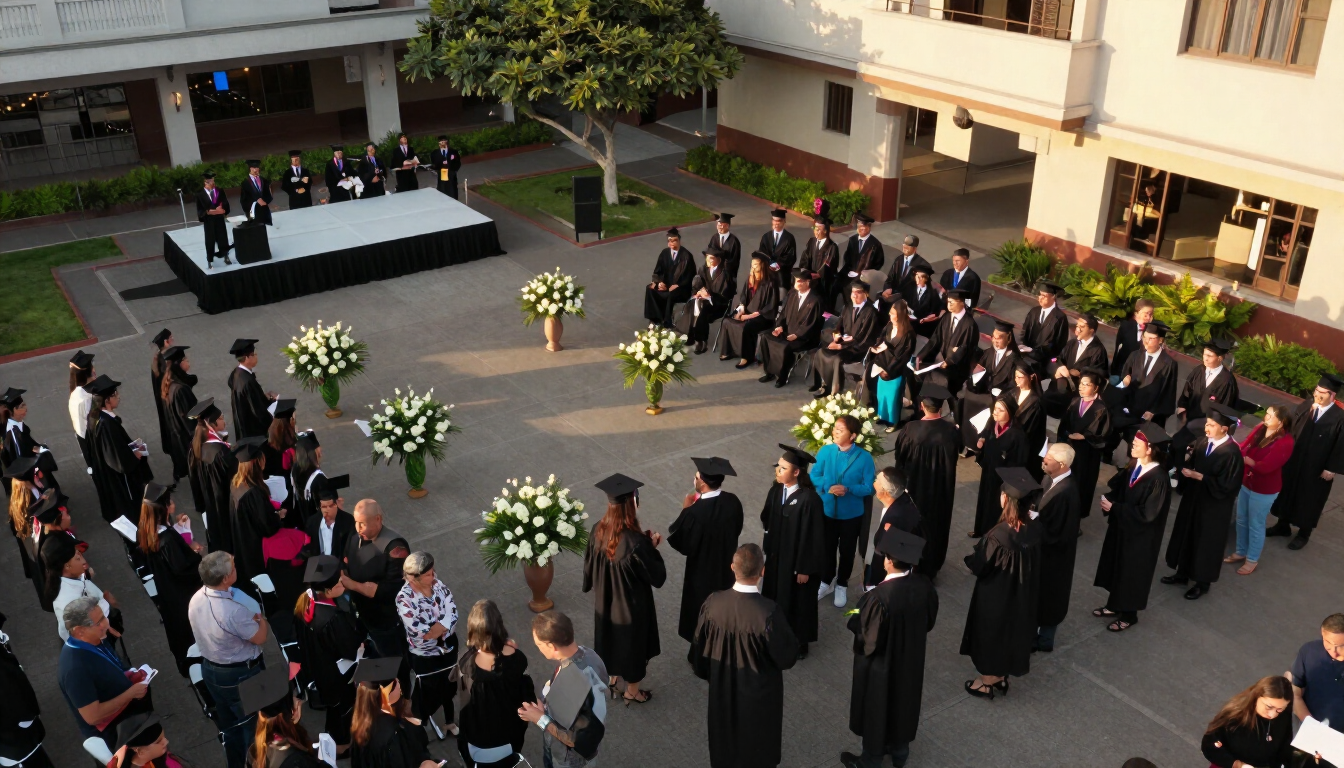 Personas reunidas en un patio para una ceremonia formal, con un escenario y arreglos florales.