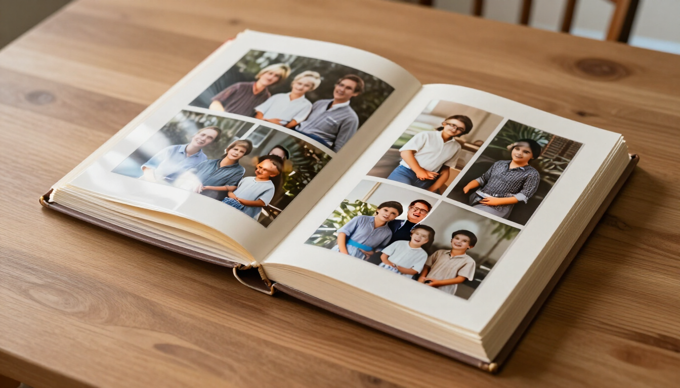 Álbum de fotos abierto sobre una mesa de madera, con fotos familiares en páginas brillantes