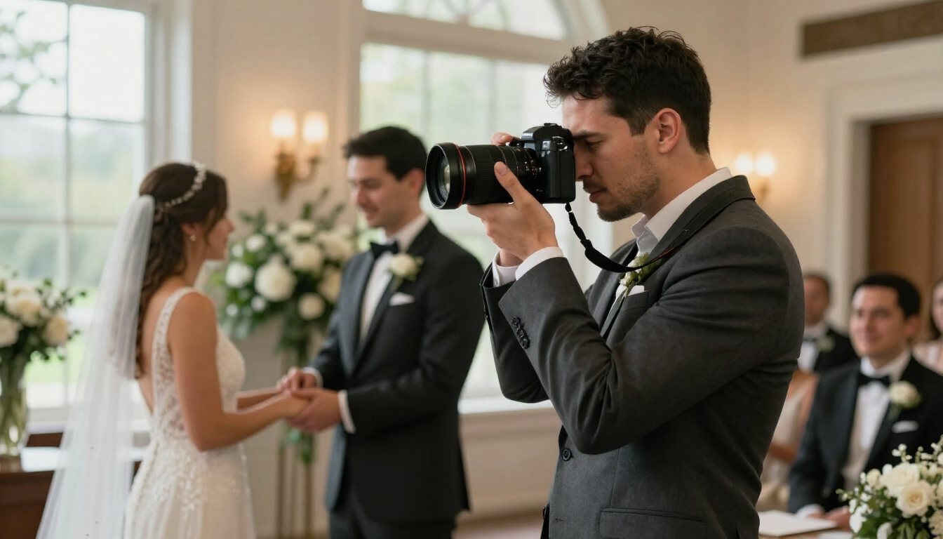 Fotógrafo tomando una foto de boda a una pareja durante una ceremonia en un salón luminoso y decorado