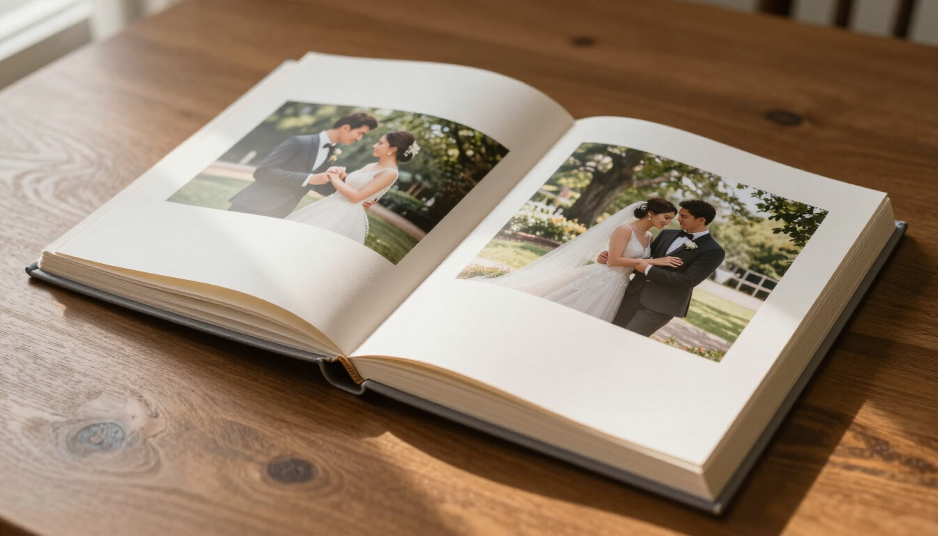 Álbum de fotos de boda abierto sobre una mesa de madera, con dos retratos a doble página de una pareja al aire libre.