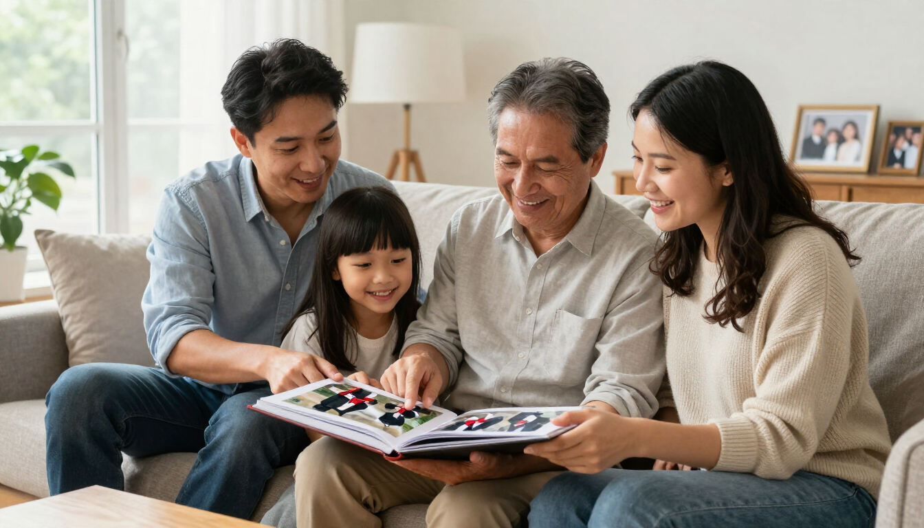 Una familia lee junta un libro lleno de color en un sofá de una sala de estar luminosa