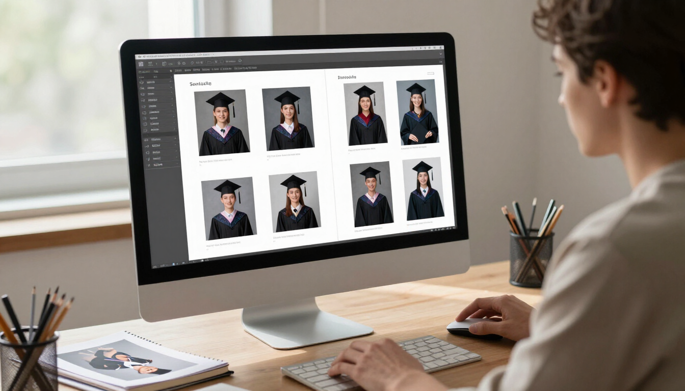 Una persona revisa fotos de graduación en un monitor de escritorio en una oficina luminosa