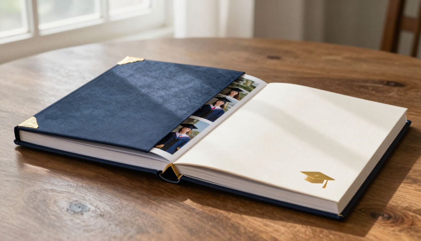 Libro de visitas abierto con la cubierta azul sobre una mesa de madera