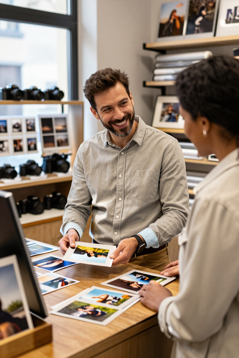 Dos personas revisan fotos impresas en un escritorio de una oficina luminosa y moderna