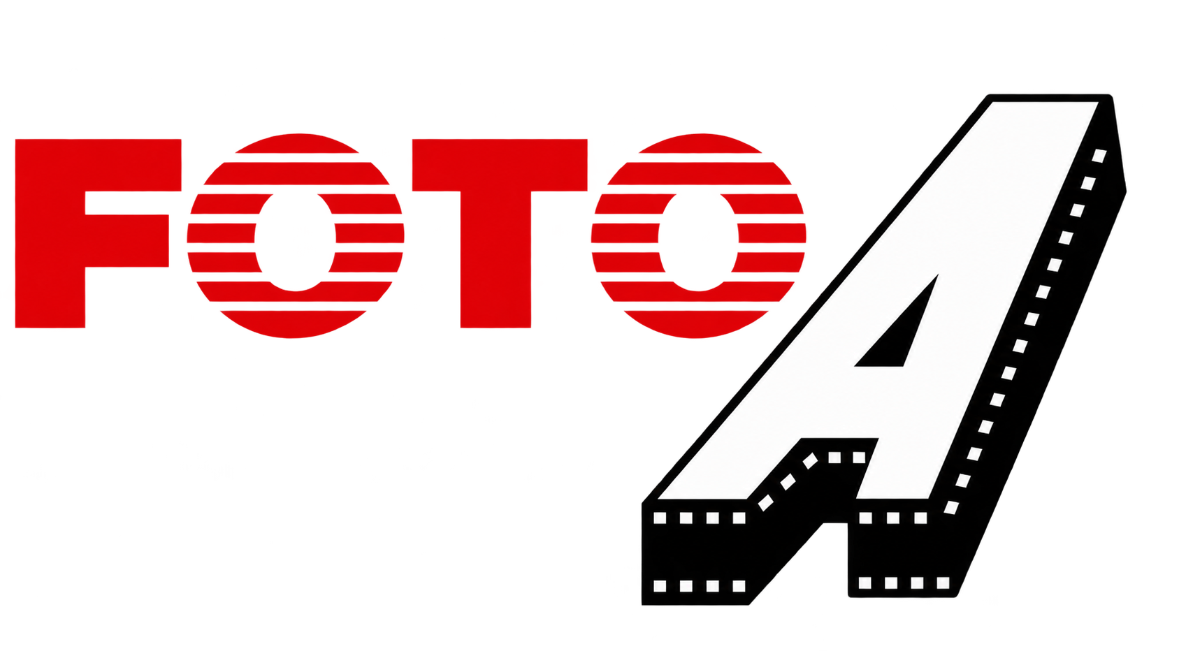 Texto rojo «FOTO» junto a un gran logotipo tridimensional en blanco y negro con la letra «A».