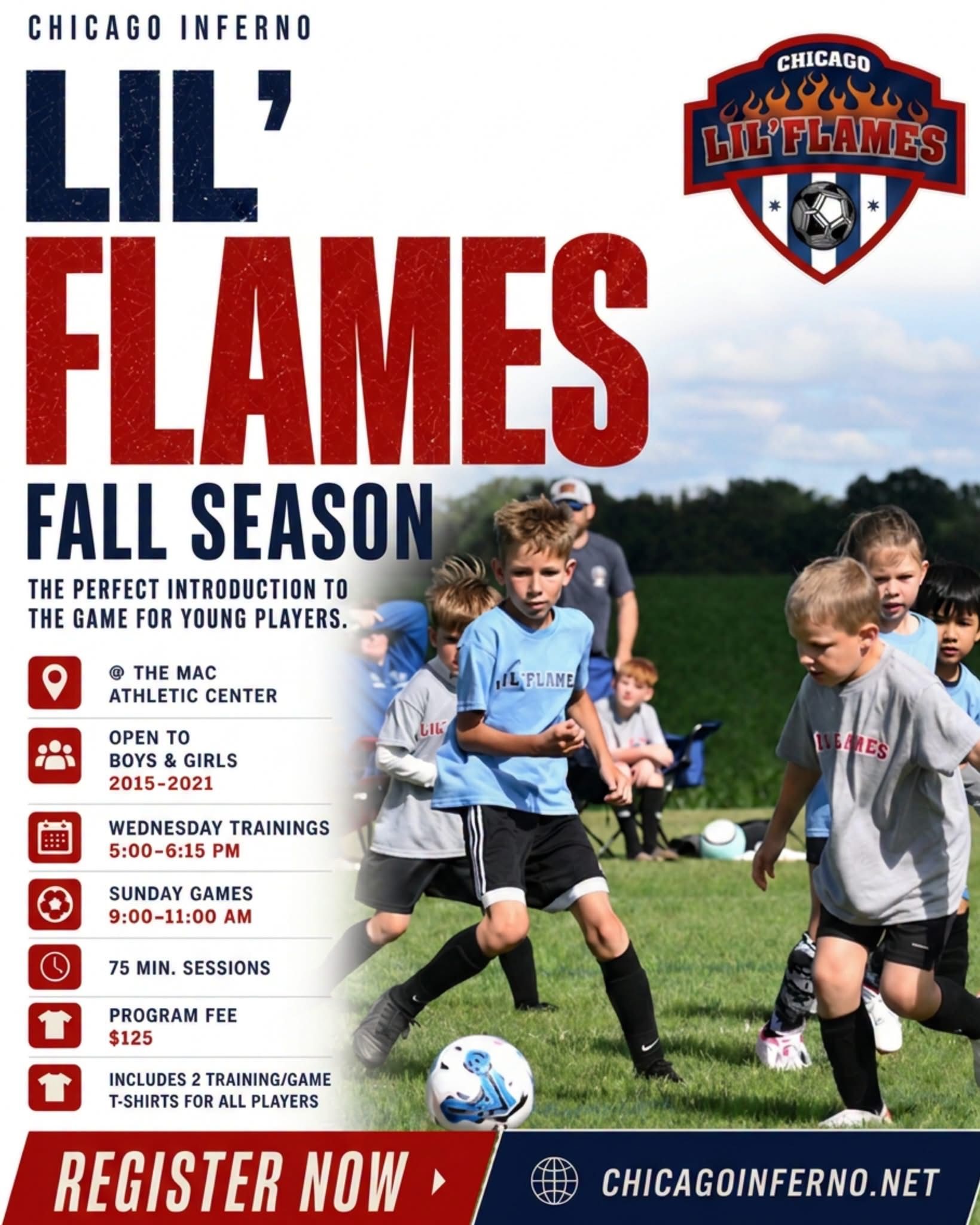 Chicago Inferno Lil’ Flames fall season soccer registration poster with kids playing on a field