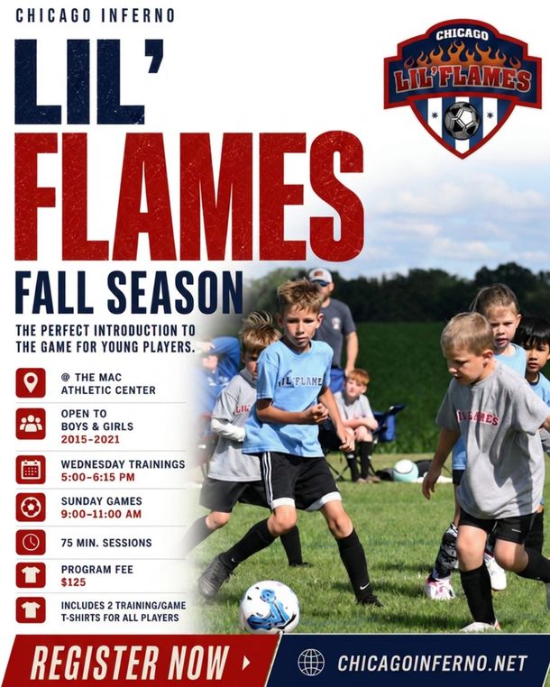 Chicago Inferno Lil’ Flames fall season soccer registration poster with kids playing on a field