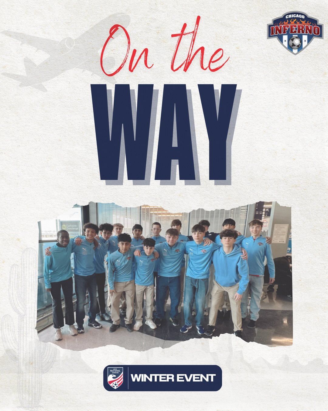 Soccer team in light blue sweatsuits, traveling to a Winter event.