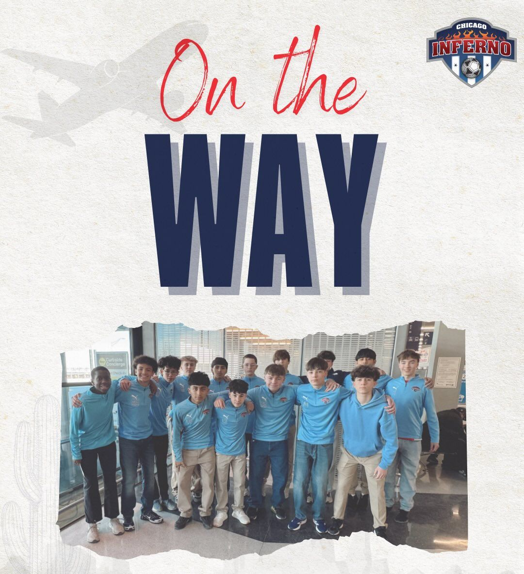 Group of young men in blue shirts, likely a sports team, at an airport. Text