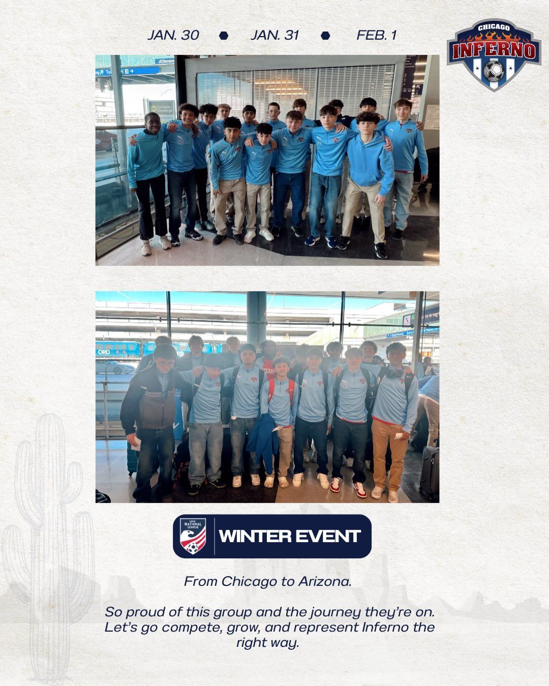 Two photos of a soccer team in light blue shirts, traveling from Chicago to Atlanta for a winter event.