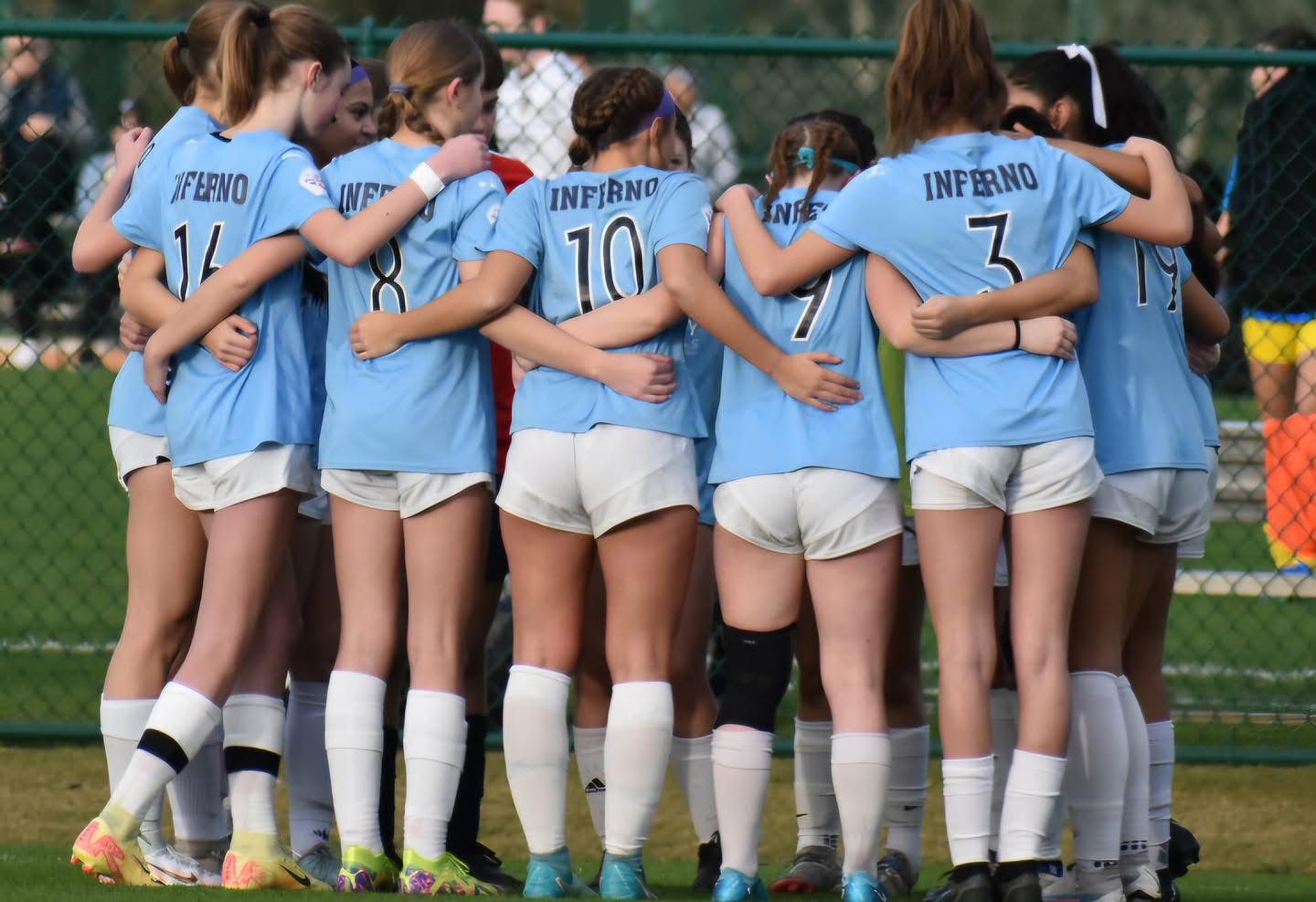 Soccer team in light blue jerseys huddles together on a field.