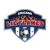 Chicago Lil' Flames soccer team logo. Shield shape, blue, red flames, soccer ball, white stripes, text 