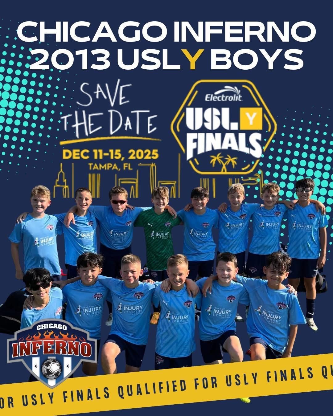 Chicago Inferno 2013 USL Y Boys team photo. Save the date for USL Y Finals in Tampa, FL, December 11-15, 2025.