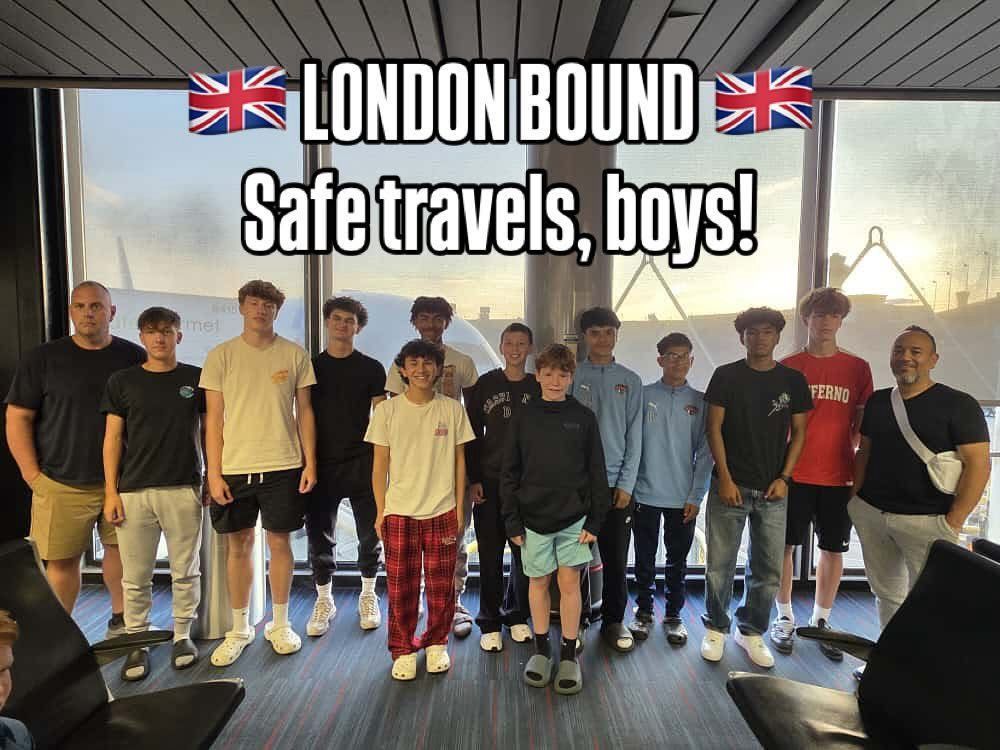 Group of young men at an airport window, heading to London. Text: 