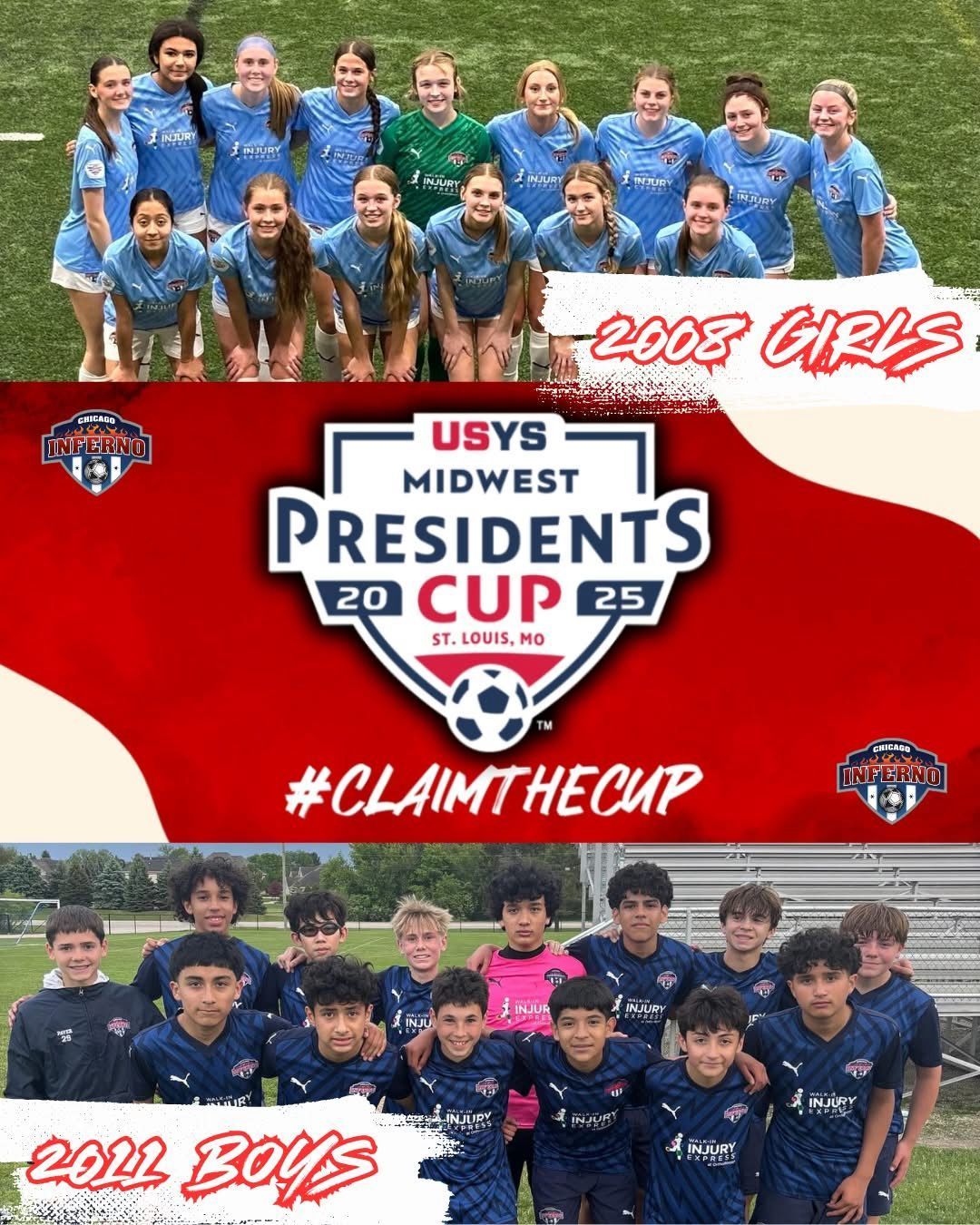 Team photos and Presidents Cup logo. Top: light blue girls' soccer team. Bottom: navy boys' soccer team.